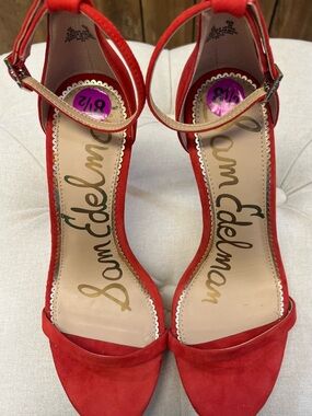 Awesome Sam Edelman Red Suede Ankle Strap Stiletto Sandals Sz. 8.5